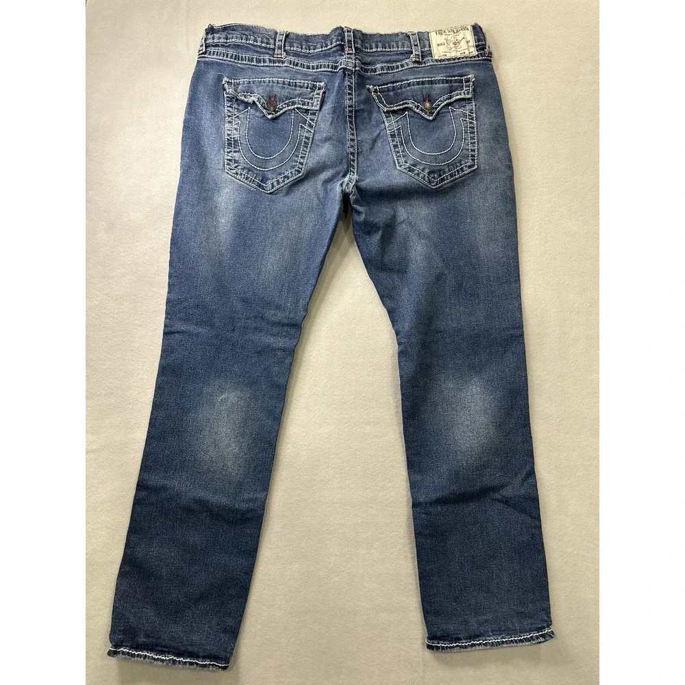 True Religion Jeans Mens 44x32 Blue Ricky Straight Flap Whisker Y2k World Tour
